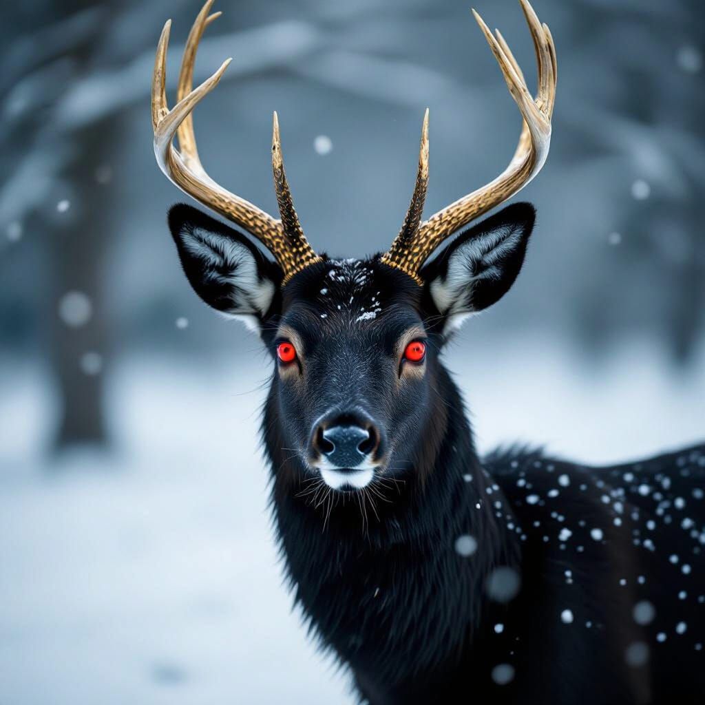 Black Deer with Red Eyes in Snowy Landscape