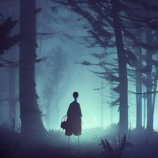 Spooky Forest with Glowing Lights: Anime Art