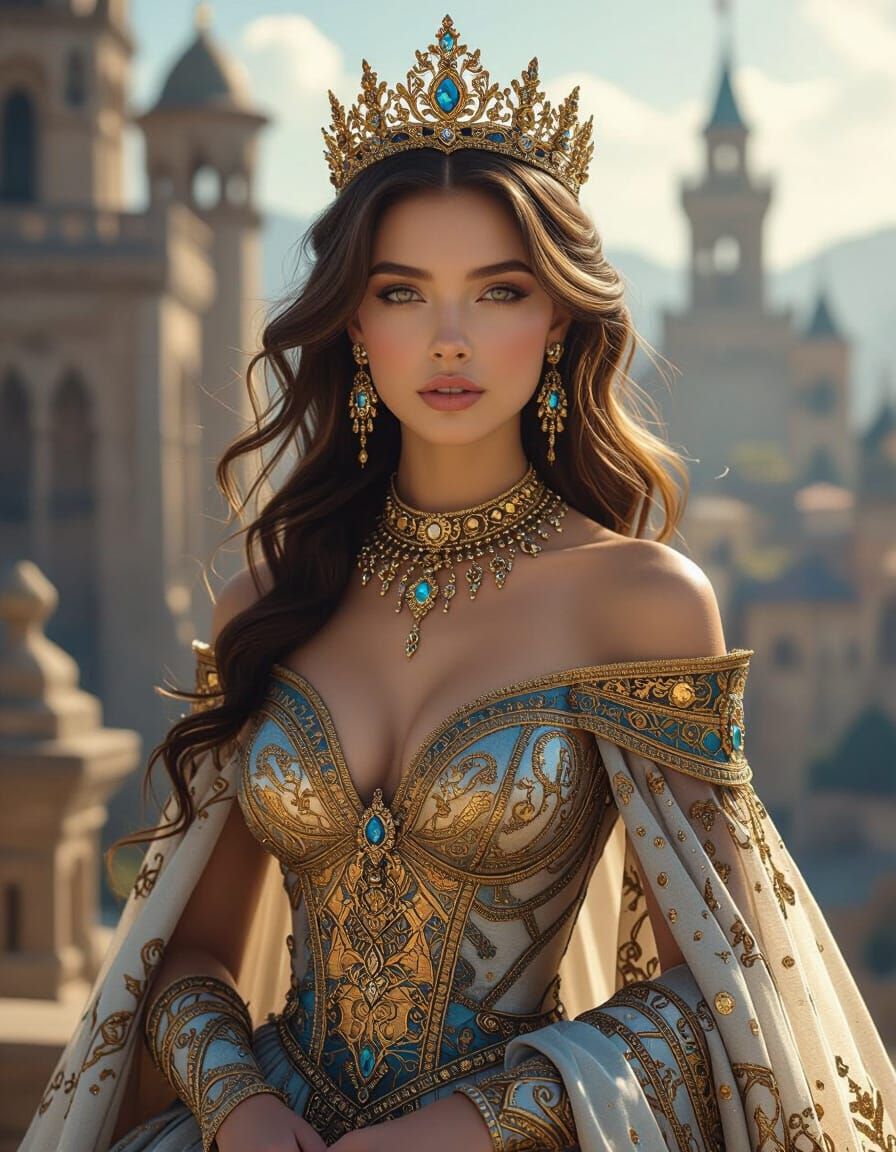 Majestic Woman in Incan-Sultanate Dress, Fantasy Castle