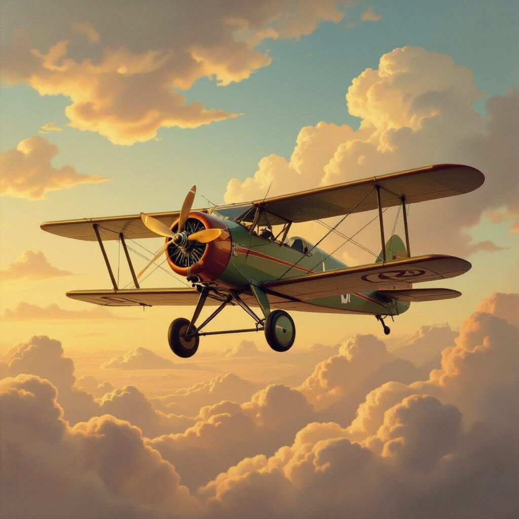 Surreal Biplane with Human Face and Arms in Dreamlike Sky