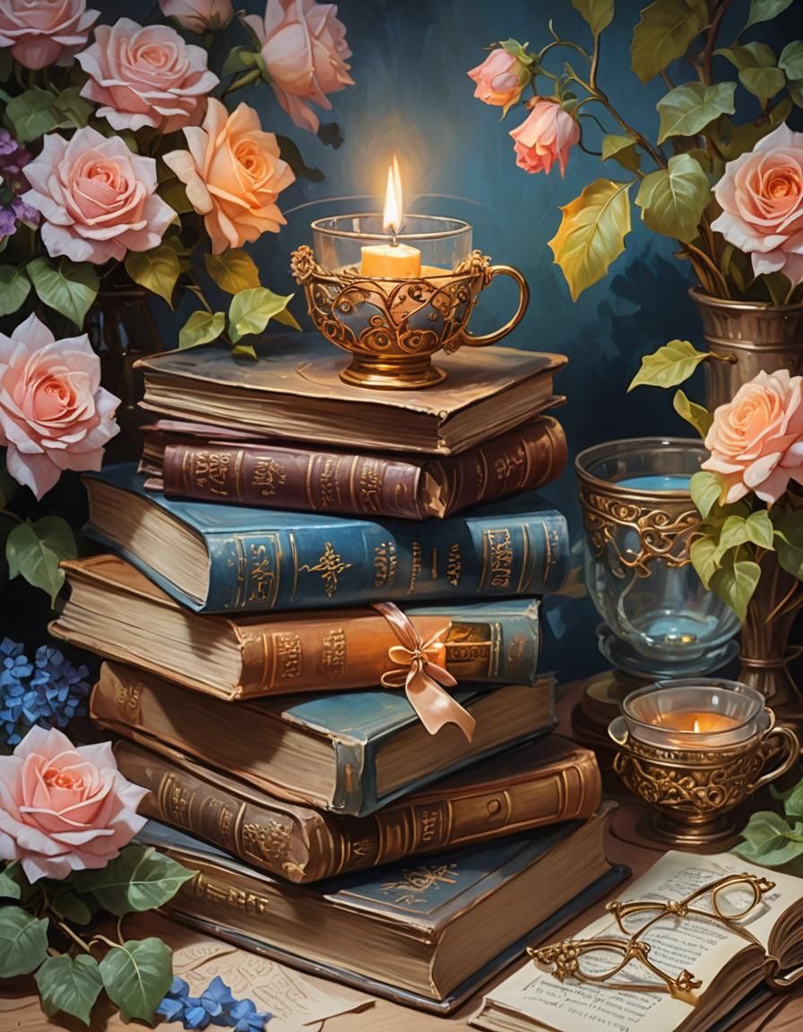 Cozy Still Life: Books, Candle, and Tea in Oil Paint