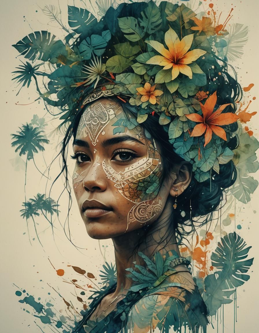 Polynesian Sunset Double Exposure: Intricate Matte Painting