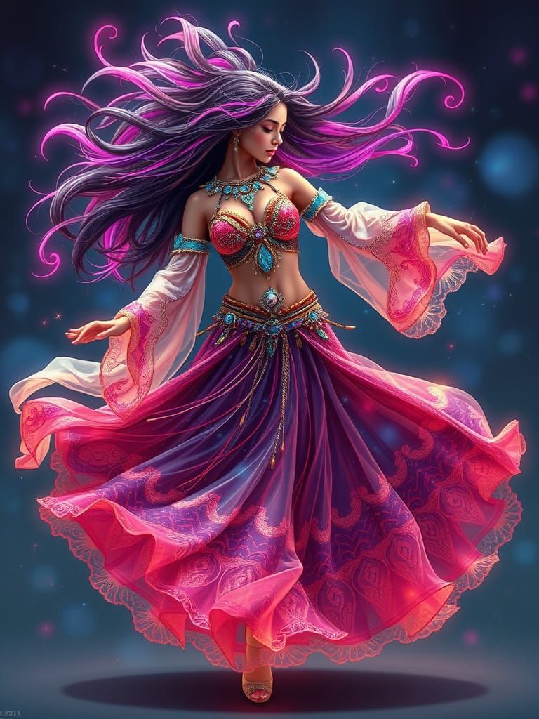 Enchanting Dancer in Iridescent Costume with Flowing Sleeves