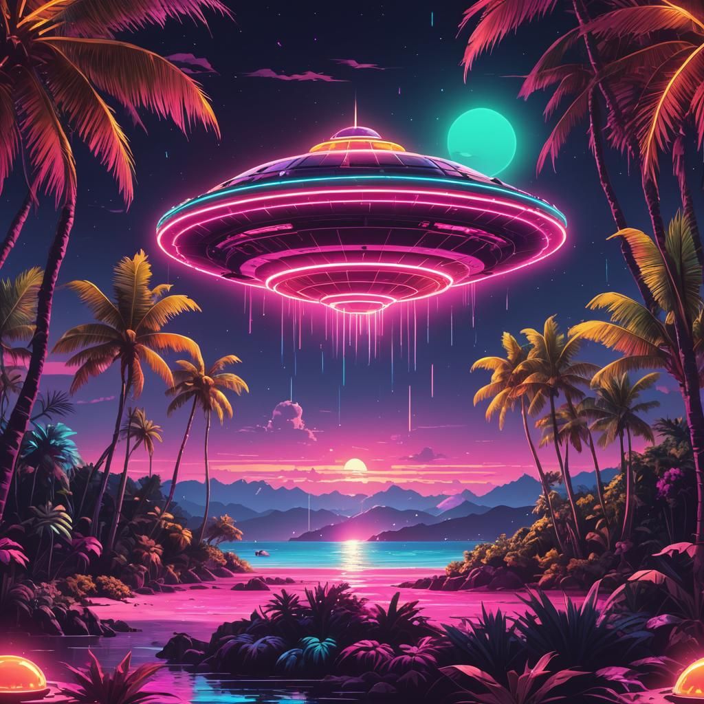 Pixilated Flying Saucer over Tropical Island in Synthwave St...