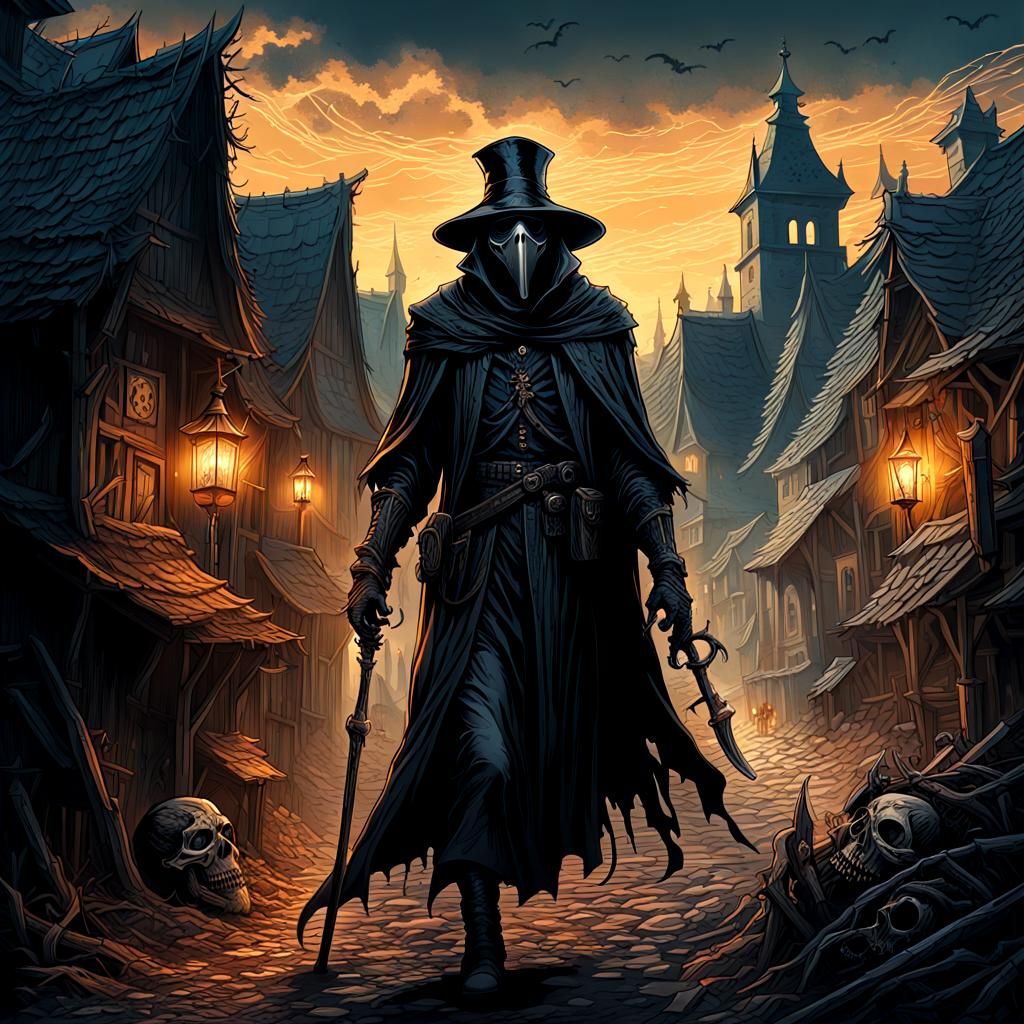 Sinister Plague Doctor in Skeleton Village: Dark Fantasy