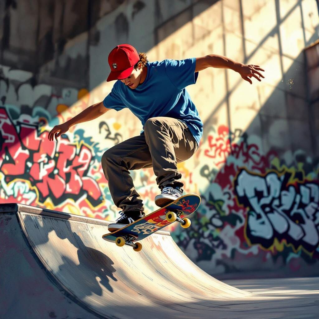 Skateboarder Performs Mid-Air Trick Over Ramp in Street Art ...