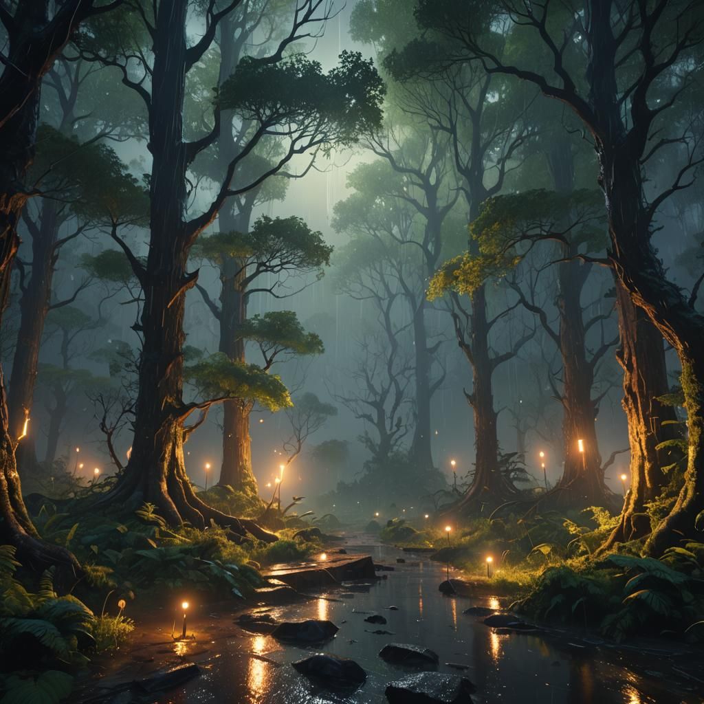 Glowing Rain in Forest: Detailed Matte Painting