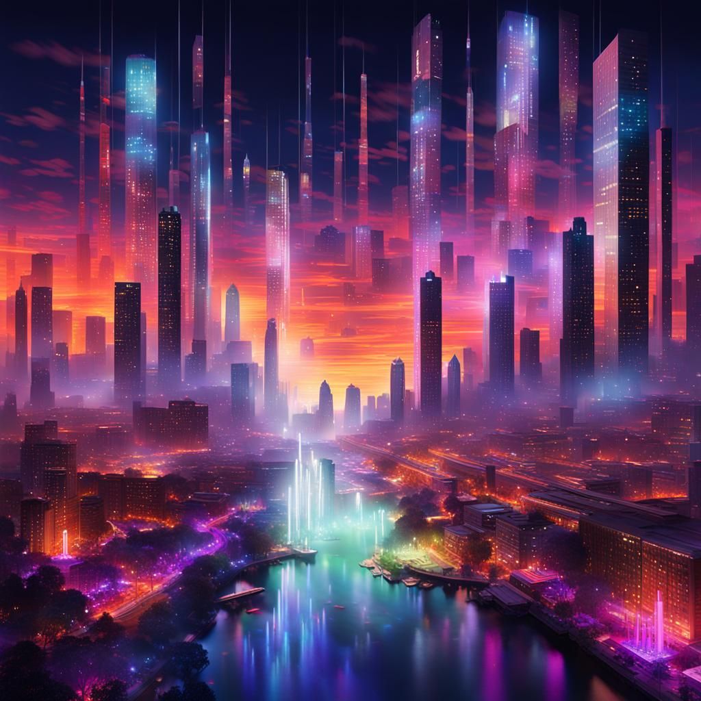 Futuristic Cityscape with Pixel River: Digital Art