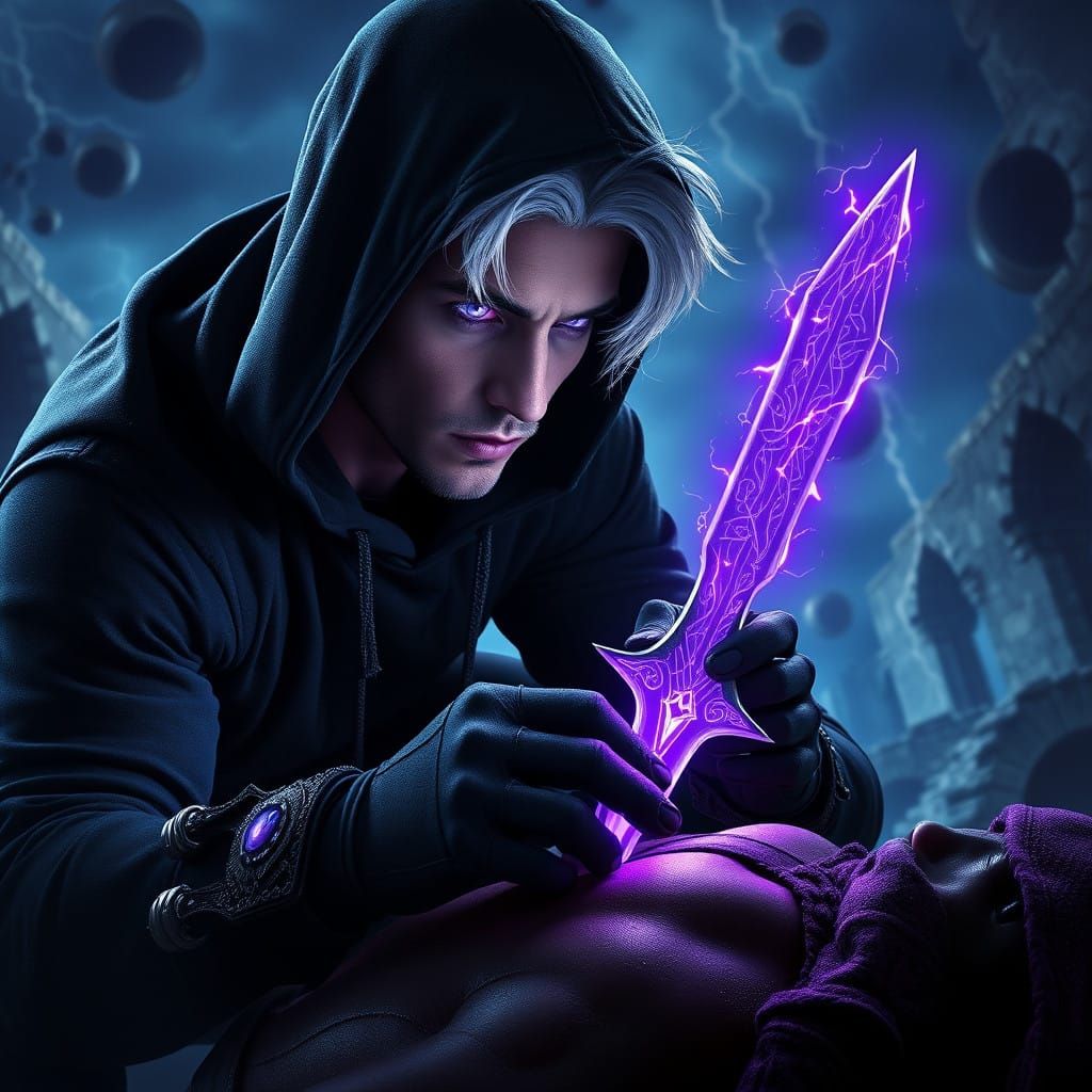 Grizzled Rogue with Energy Daggers in Dark Fantasy Ruins