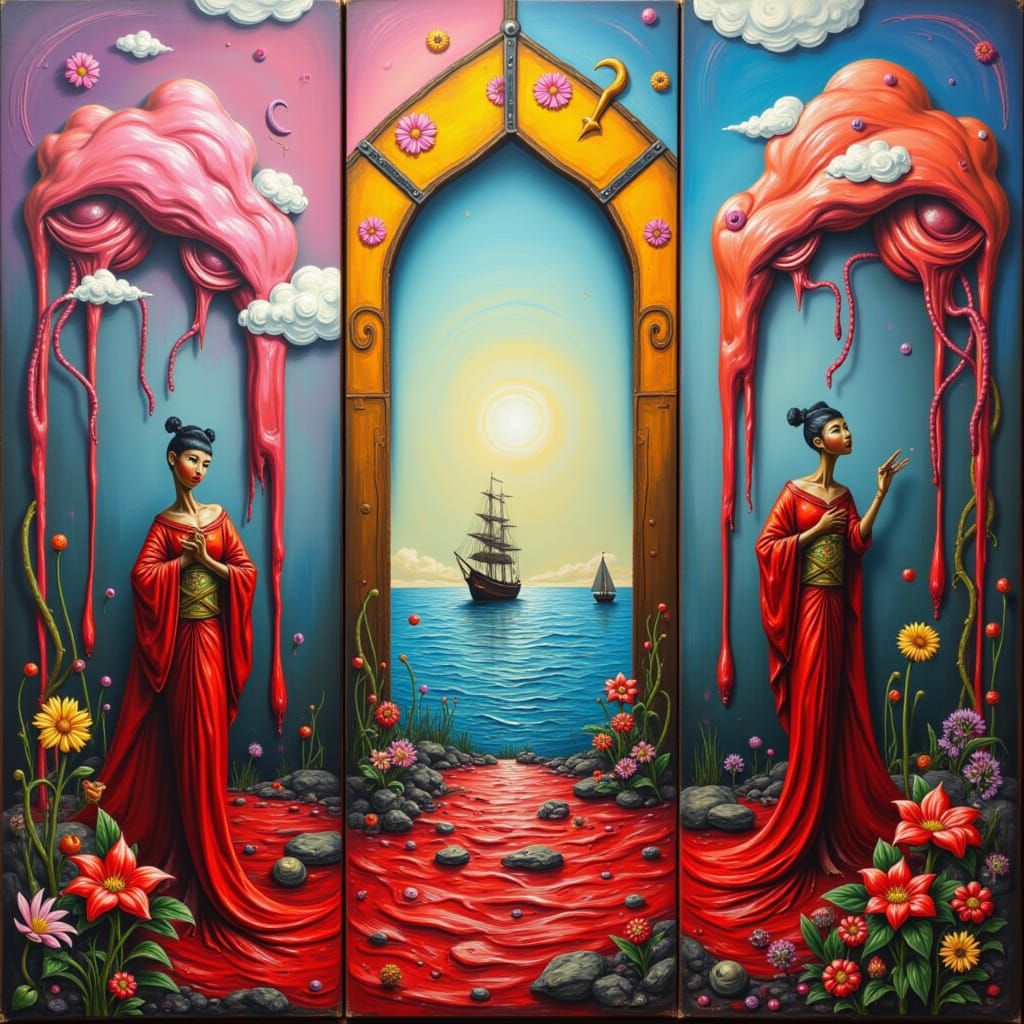 Red Geisha Triptych: Fantasy Ocean and Rainbow Sky