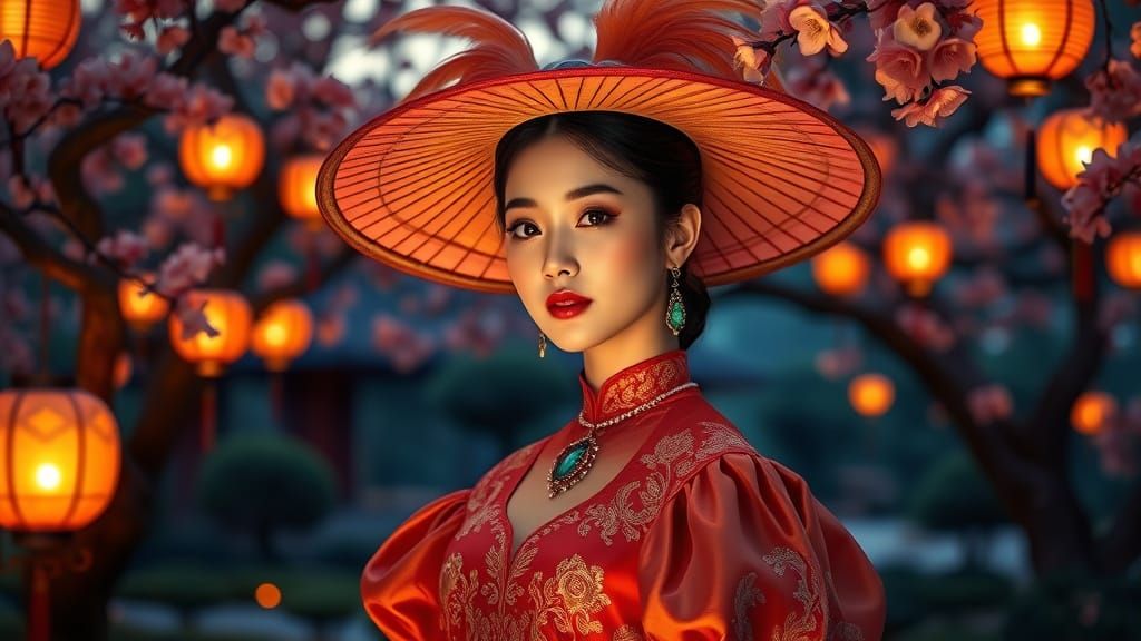 Asian Woman in Burnt-Orange Gown in Imperial Garden