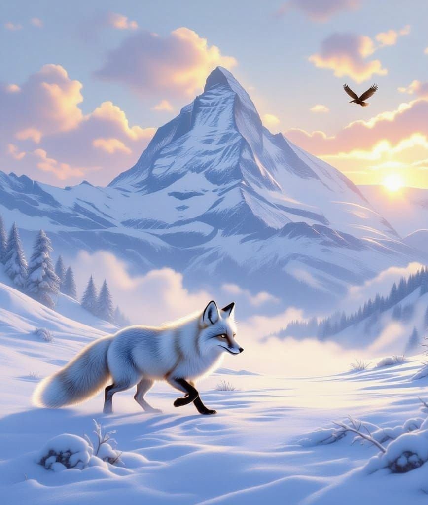Sly Silver Fox Chasing Rabbit in Misty Mountain Sunrise