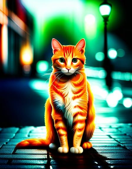 Orange Tabby Cat in Rainy Street: Digital Art