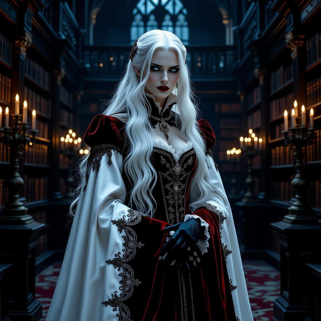 A sorrowful vampire scholar with long, flowing white hair an...