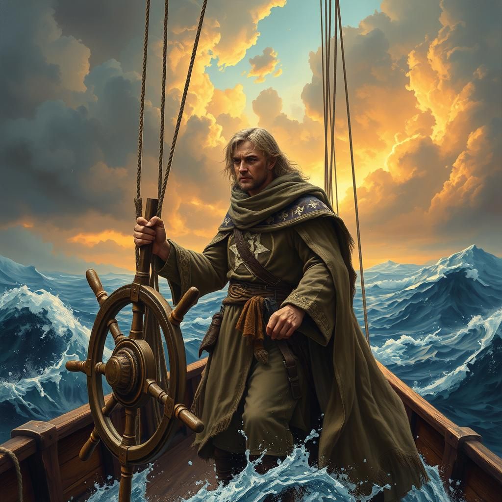 Eärendil Navigates Stormy Seas in a Mystical Landscape