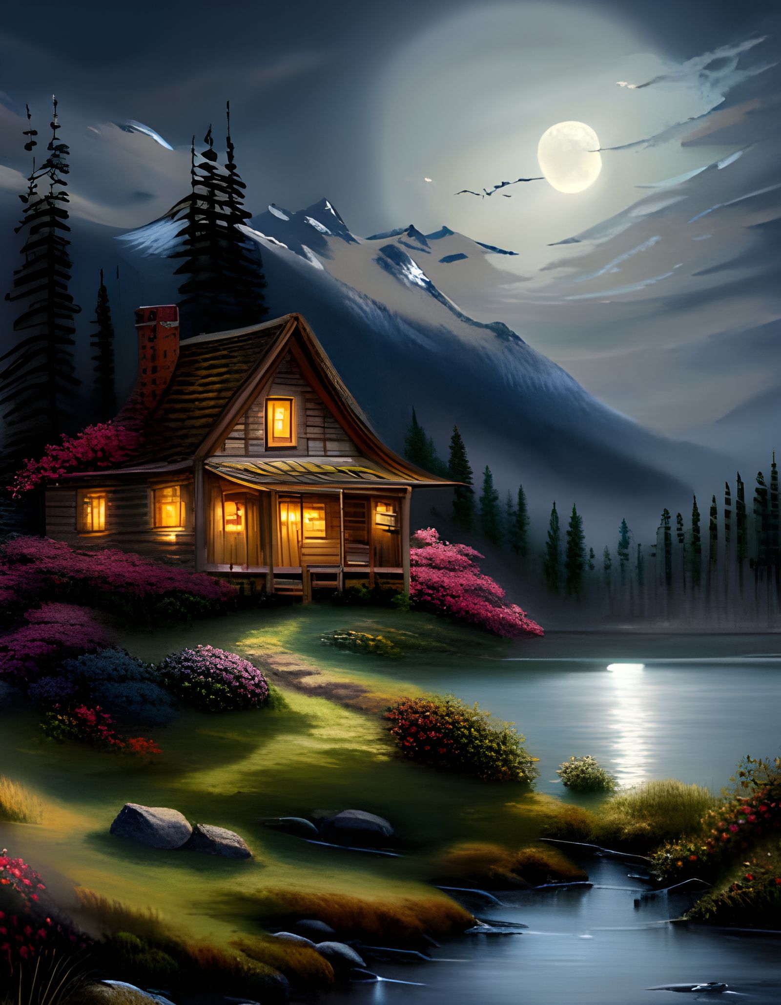 Lakeside Cabin Under Full Moon in Luminism Style