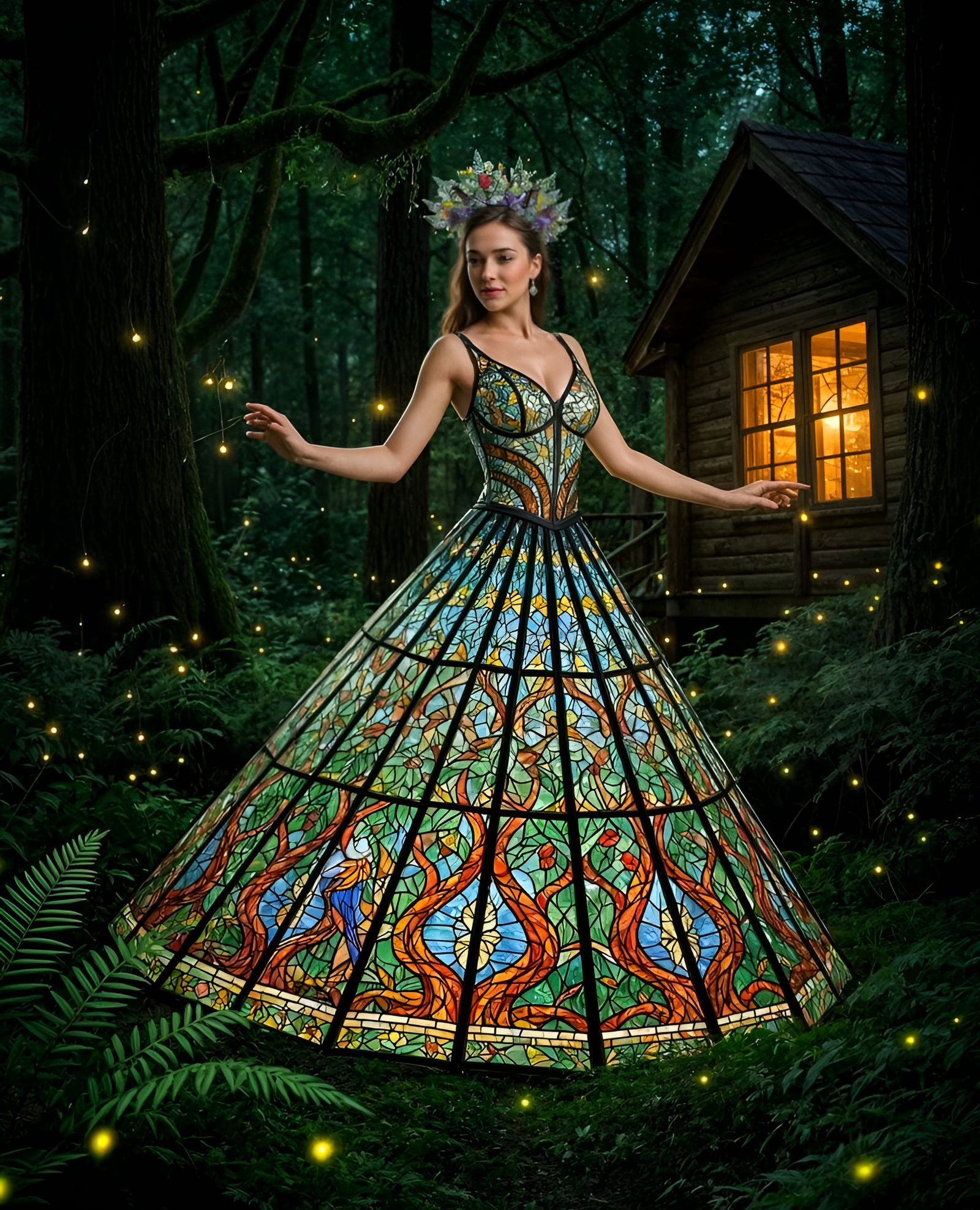 Woman in Bioluminescent Forest Wearing Stained Glass Dress