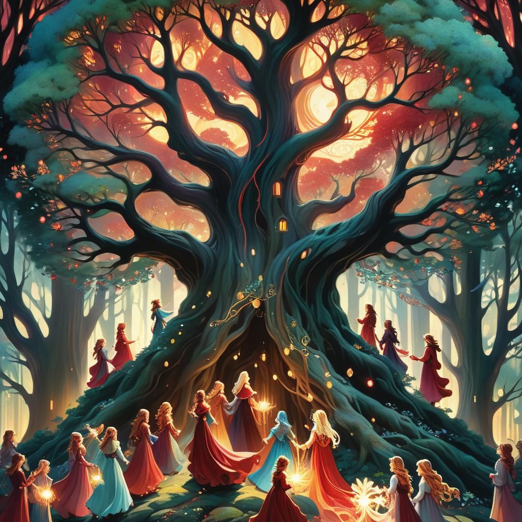 Sisters Weaving Fate: An Ethereal Fantasy Illustration