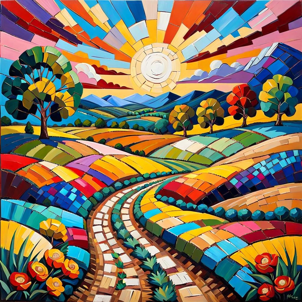 Expressionist Landscape Painting with Mosaic Texture