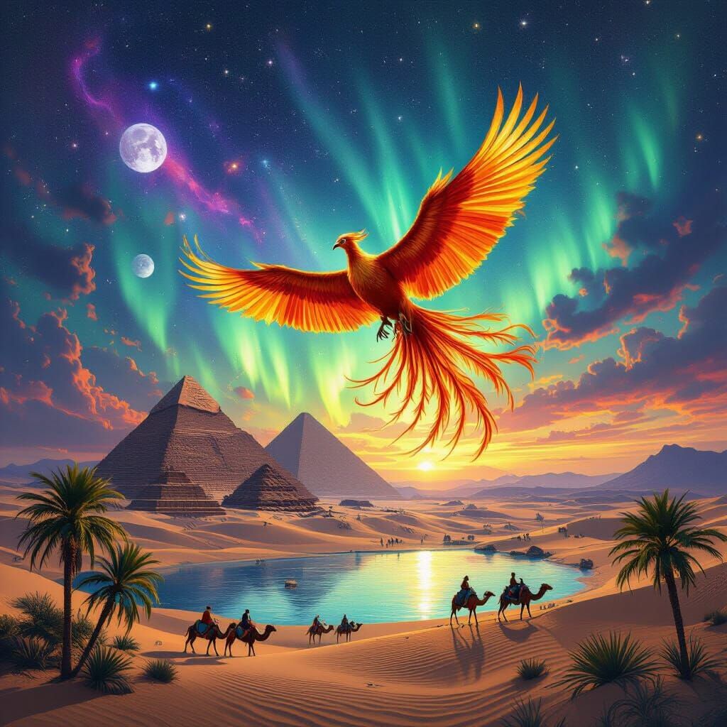 Phoenix Soaring Over Cosmic Desert: Digital Fantasy Art