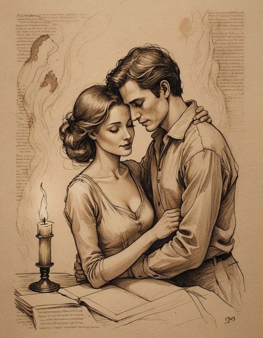 Romantic Embrace in Pen and Ink Illustration
