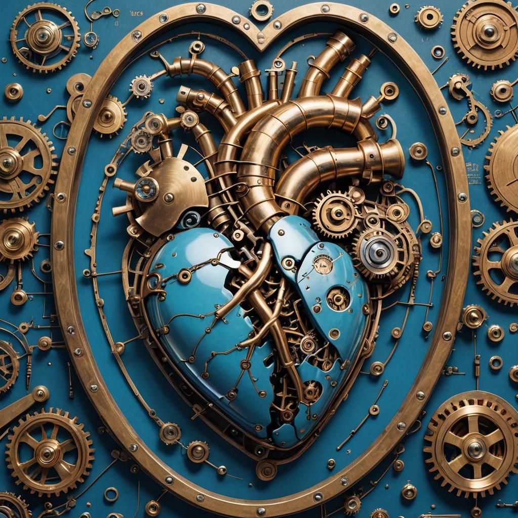Steampunk Heart on Blue: Vaporwave Graphic Interface
