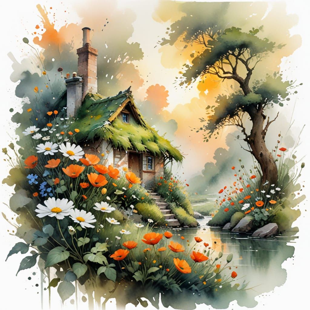 Cottagecore Dreamscape: A Watercolor Cottage in Floral Riot