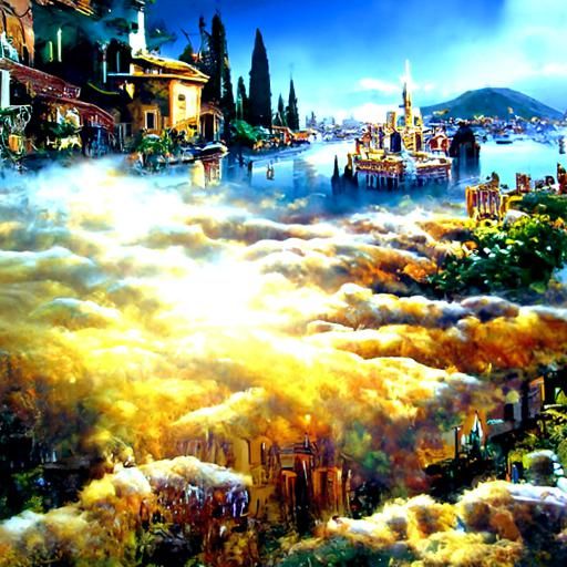 Ethereal Golden City in Fantasy Landscape
