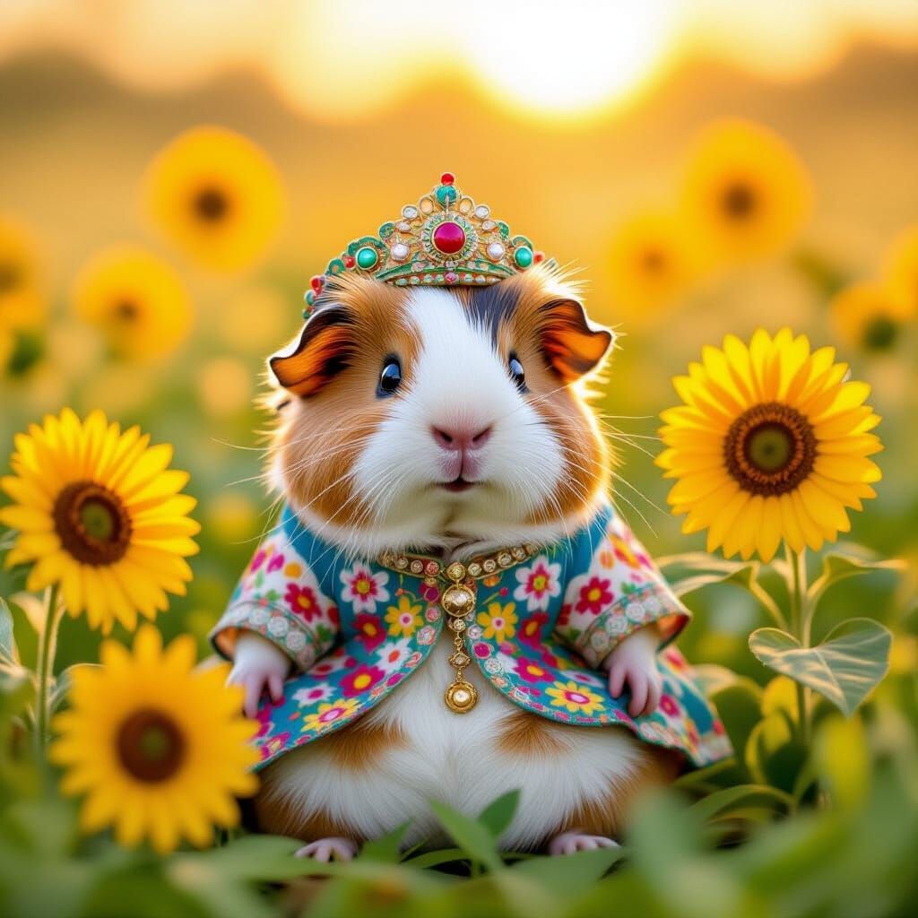 Guinea Pig in Headdress Among Sunflowers, Gouache Illustrati...