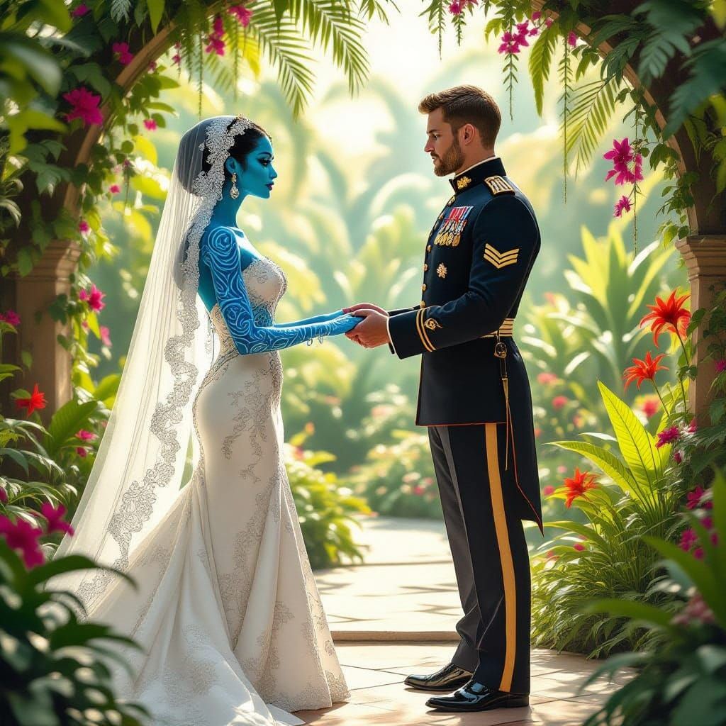 Regal Alien Bride Unites with Human Soldier in Enchanted Gar...