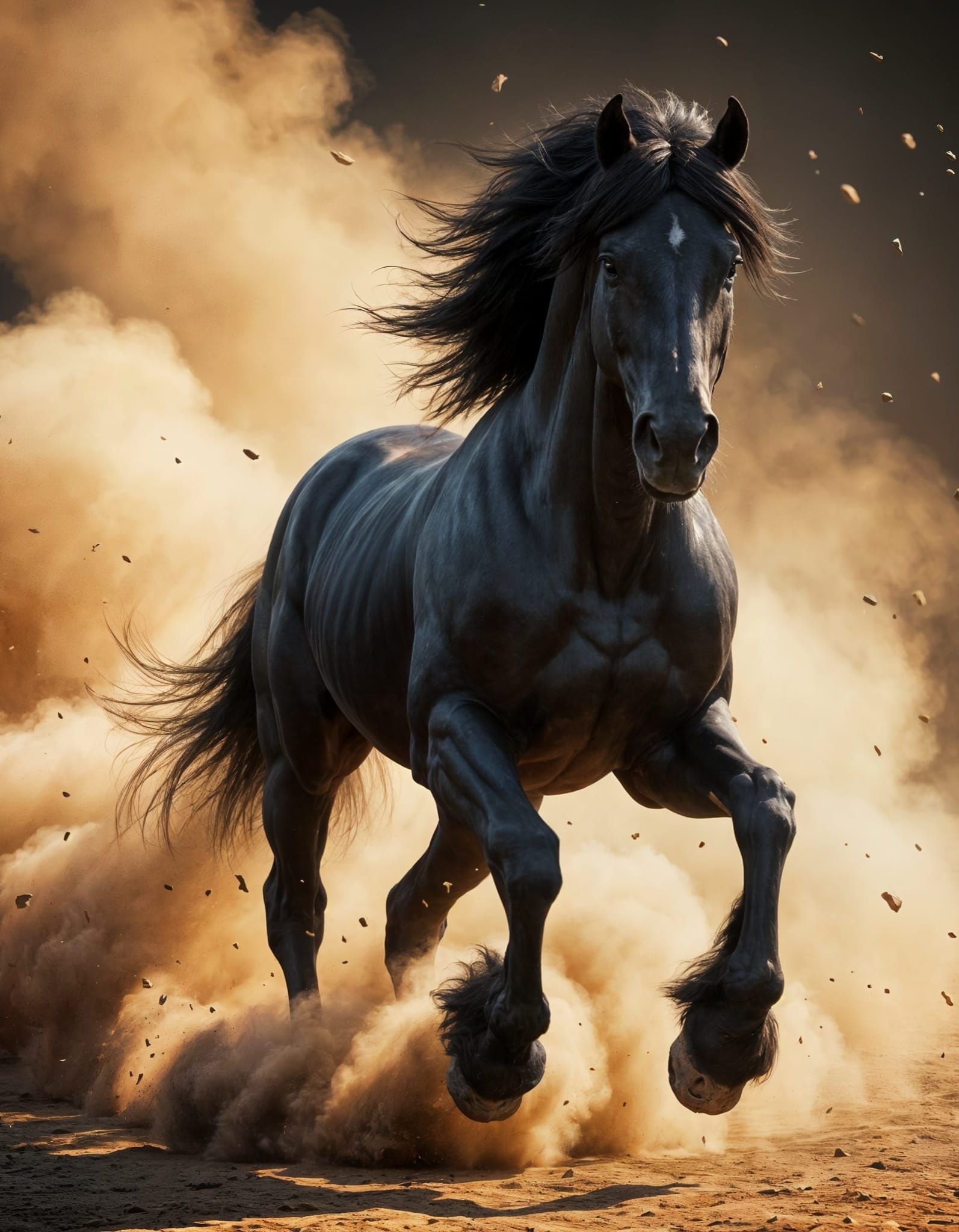 Powerful Black Horse Thundering Across Dusty Ground