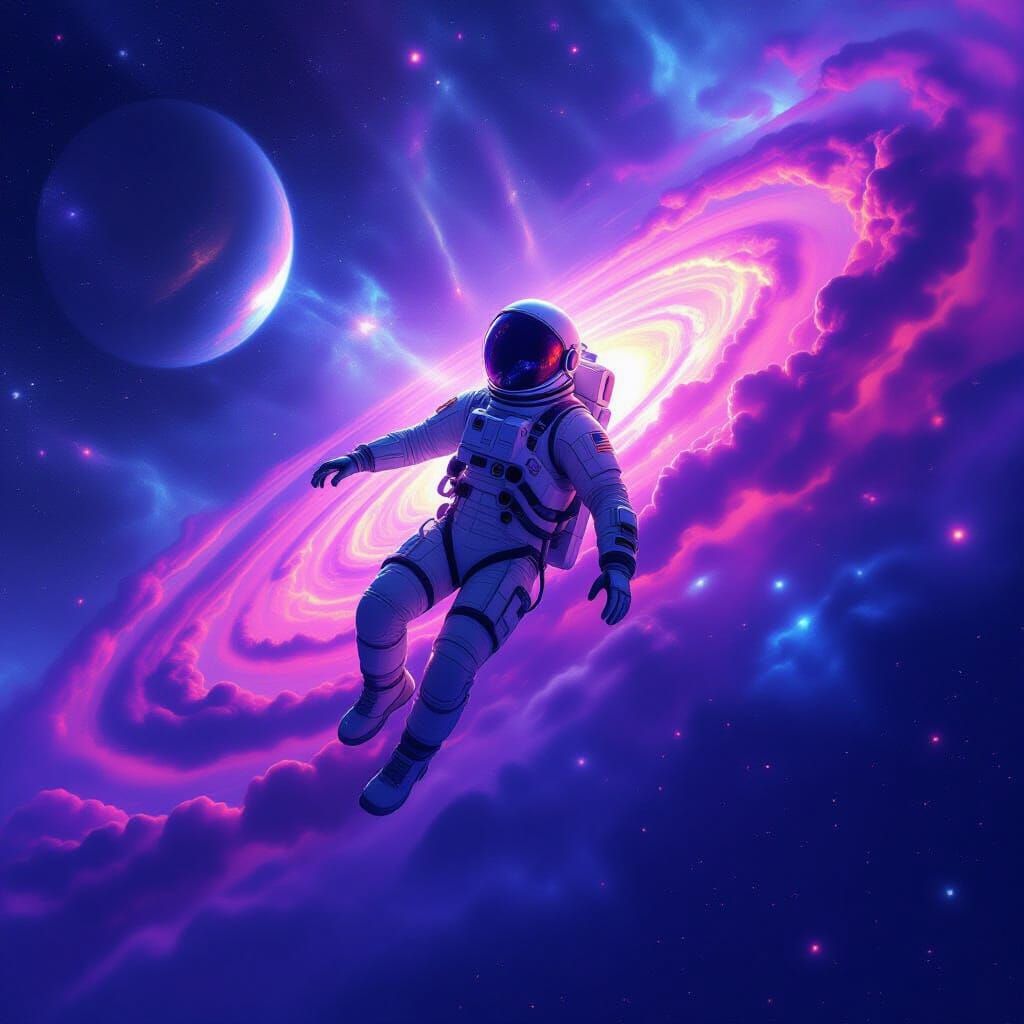 Astronaut Soaring Through Vibrant Nebula Galaxy