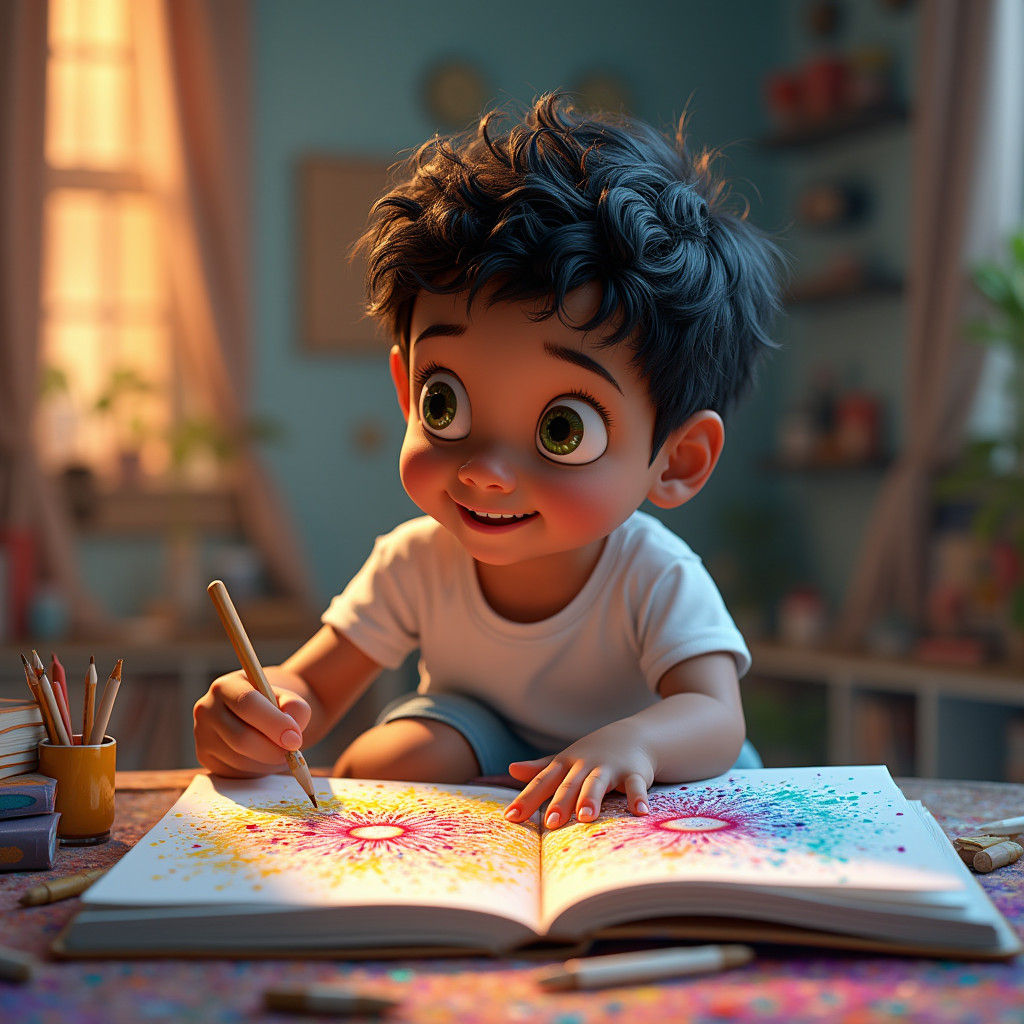 Boy Drawing Colorful Monster, Pixar-Inspired 3D Art