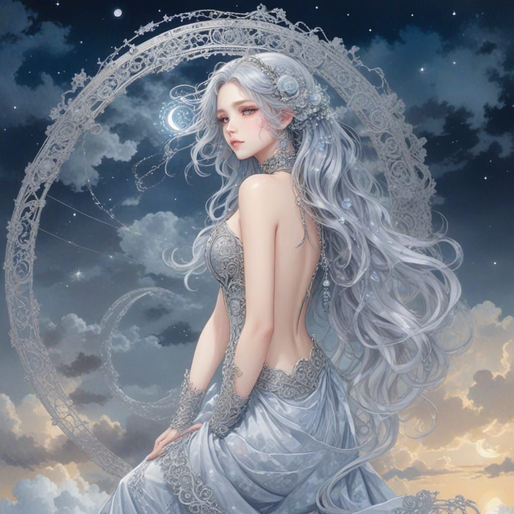 Steampunk Silver Moon in Velvet Night Sky