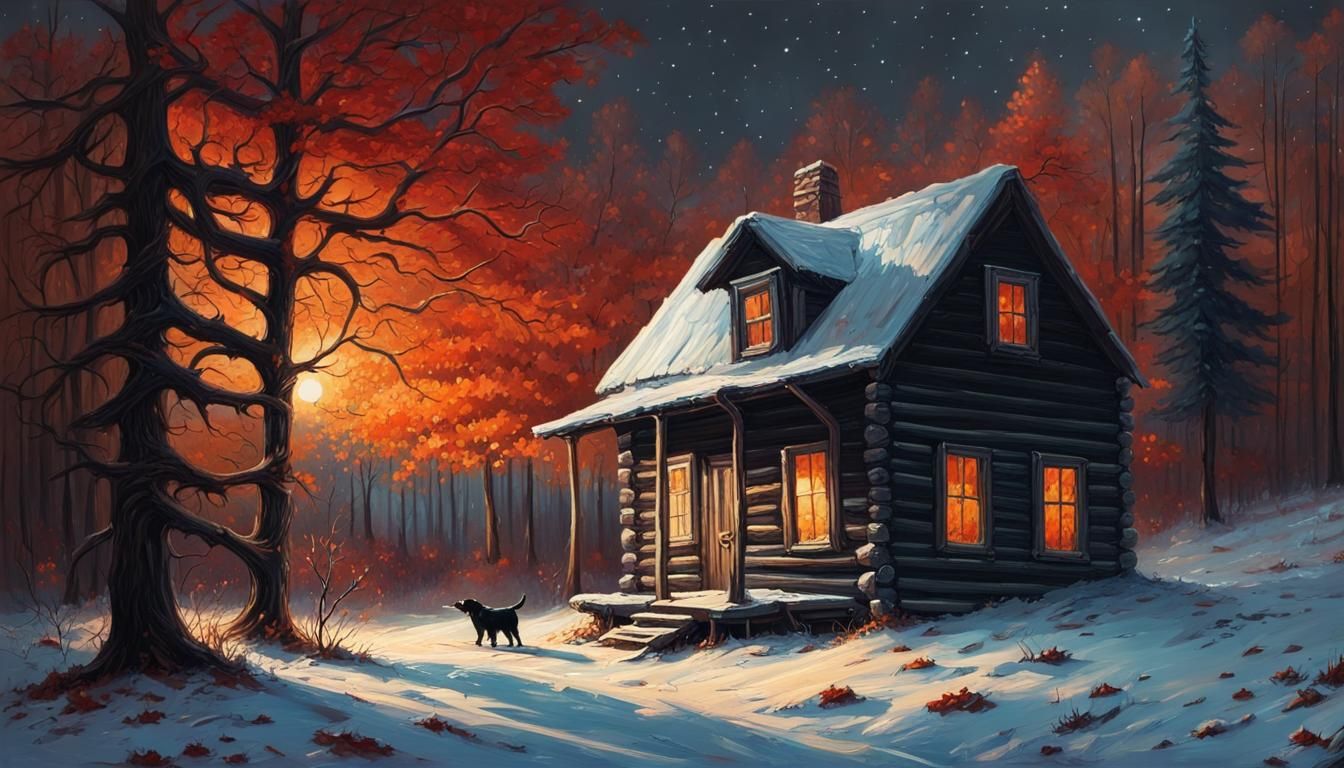 Winter Cabin with Labrador in Oil Painting Style