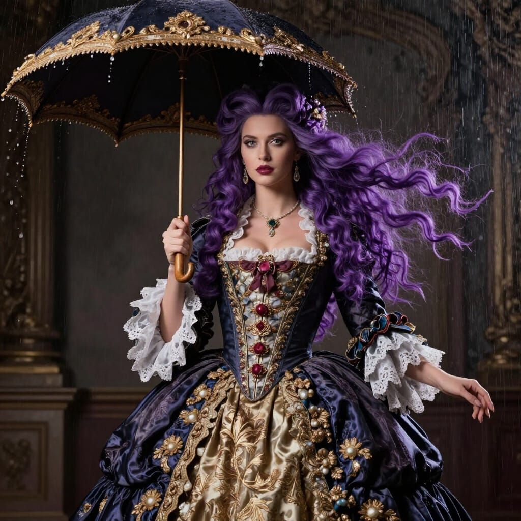 Baroque Woman with Purple Hair and Umbrella in Dramatic Ligh...
