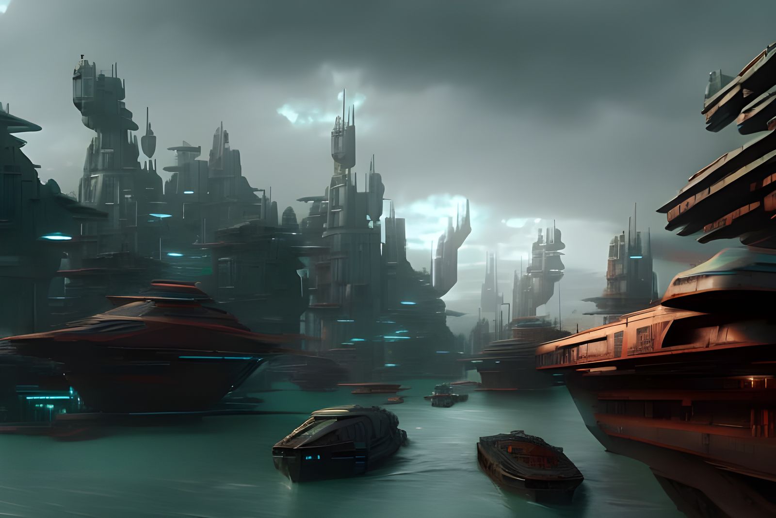 Futuristic Bridal Procession on Fjord: Cyberpunk Render