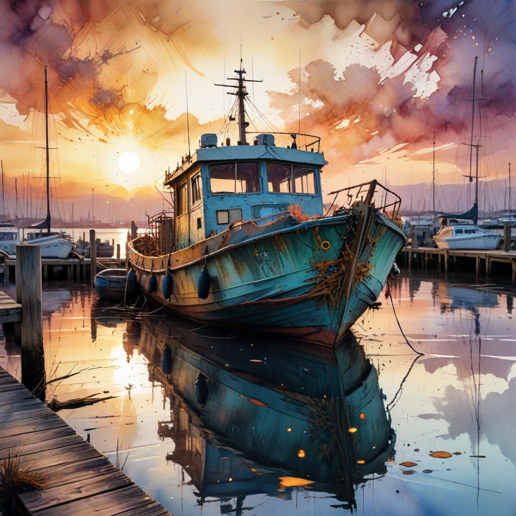 Vibrant Sunset on Weathered Boat Docks
