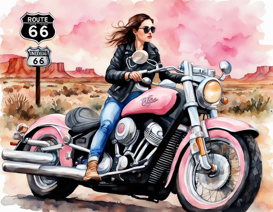 Cruising Route 66 on a Pink Indian Motorcycle