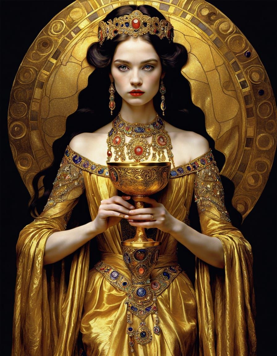 Mythological Queen in Golden Gown, Impressionistic Style