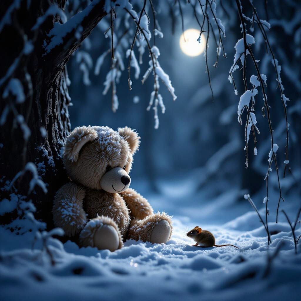 Forgotten Teddy Bear in Moonlit Forest