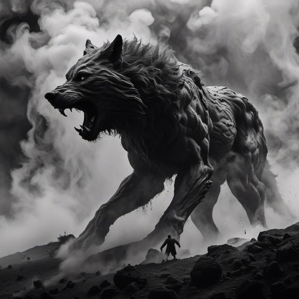 Majestic Wolf Emerges from Mist: Black and White Wildlife