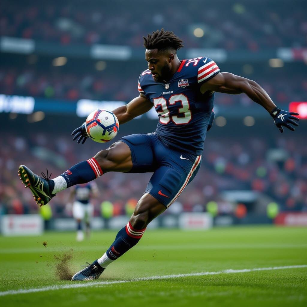 Football Player's Powerful Kick in Hyper-Realistic Style