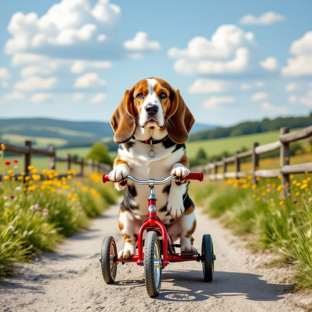 Soulful Basset Hound Rides Tricycle Down Country Road