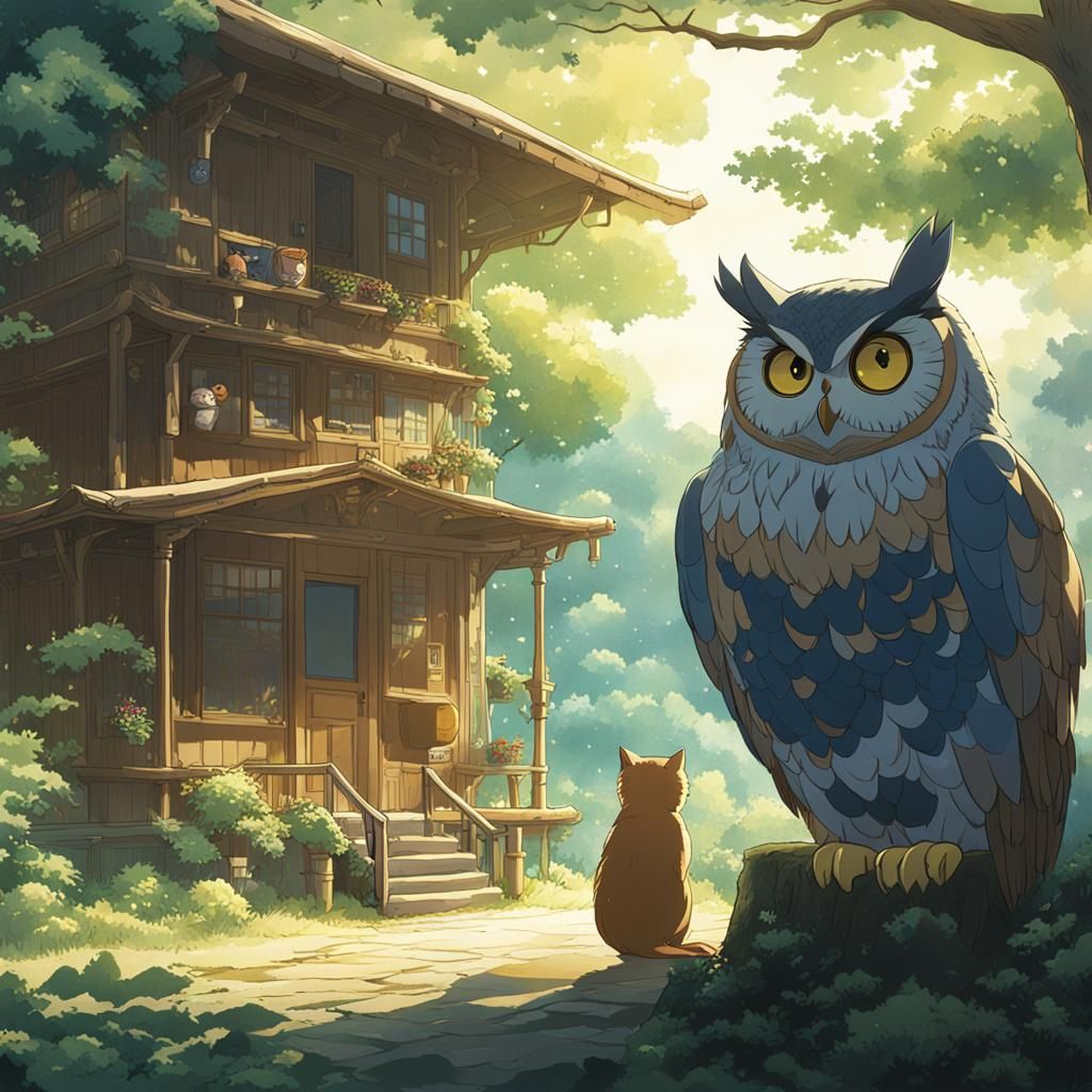 Owl and Cat in Studio Ghibli Anime Style