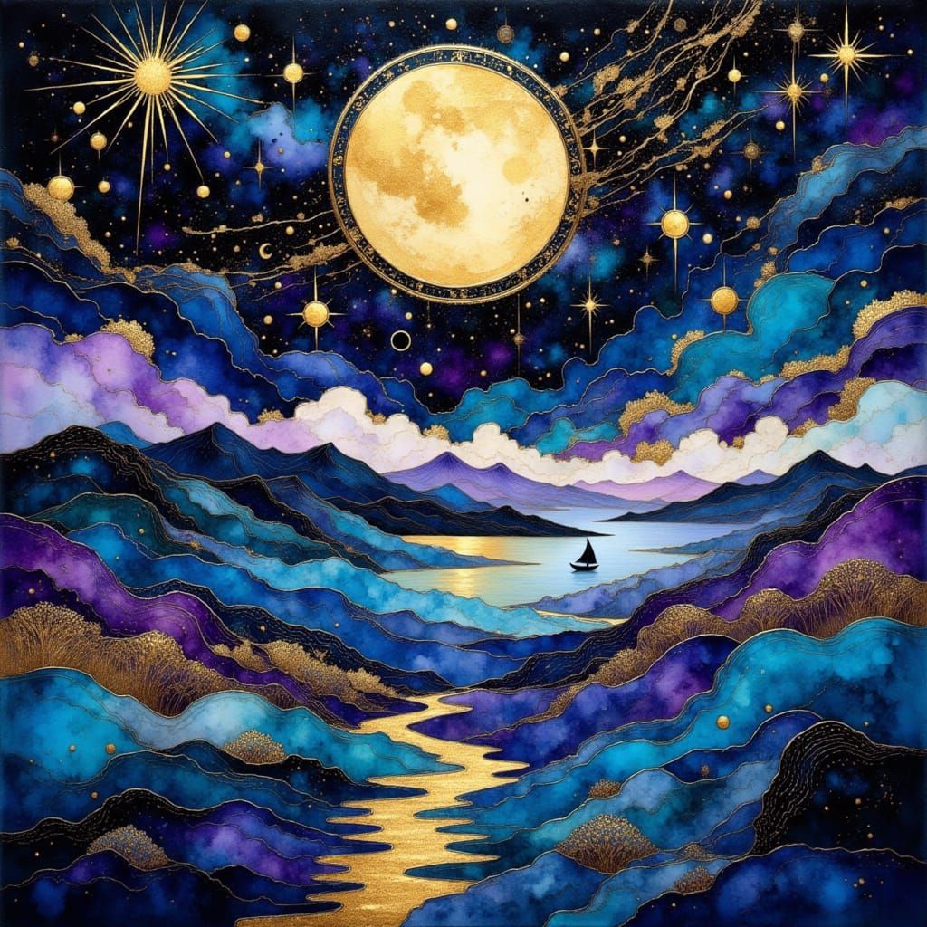 Cosmic Sailboat Voyage in Abstract Ink Tapestry Style