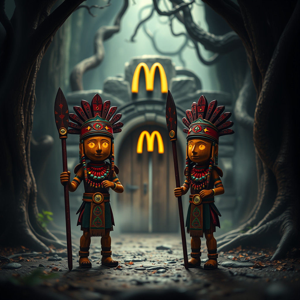 Miniature Wood Figures Stand Before Ancient Stone Portal in...