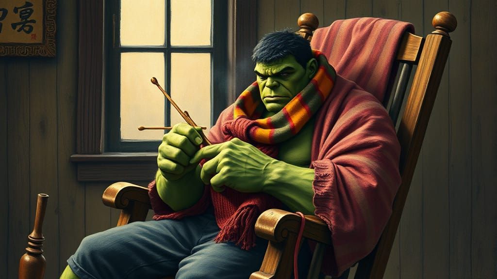 Surreal Hulk Enjoys Knitting in Whimsical Woodland Scene