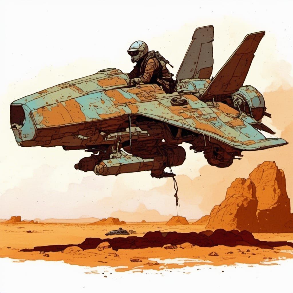 Futuristic Hoverbike in Desert, Moebius Style