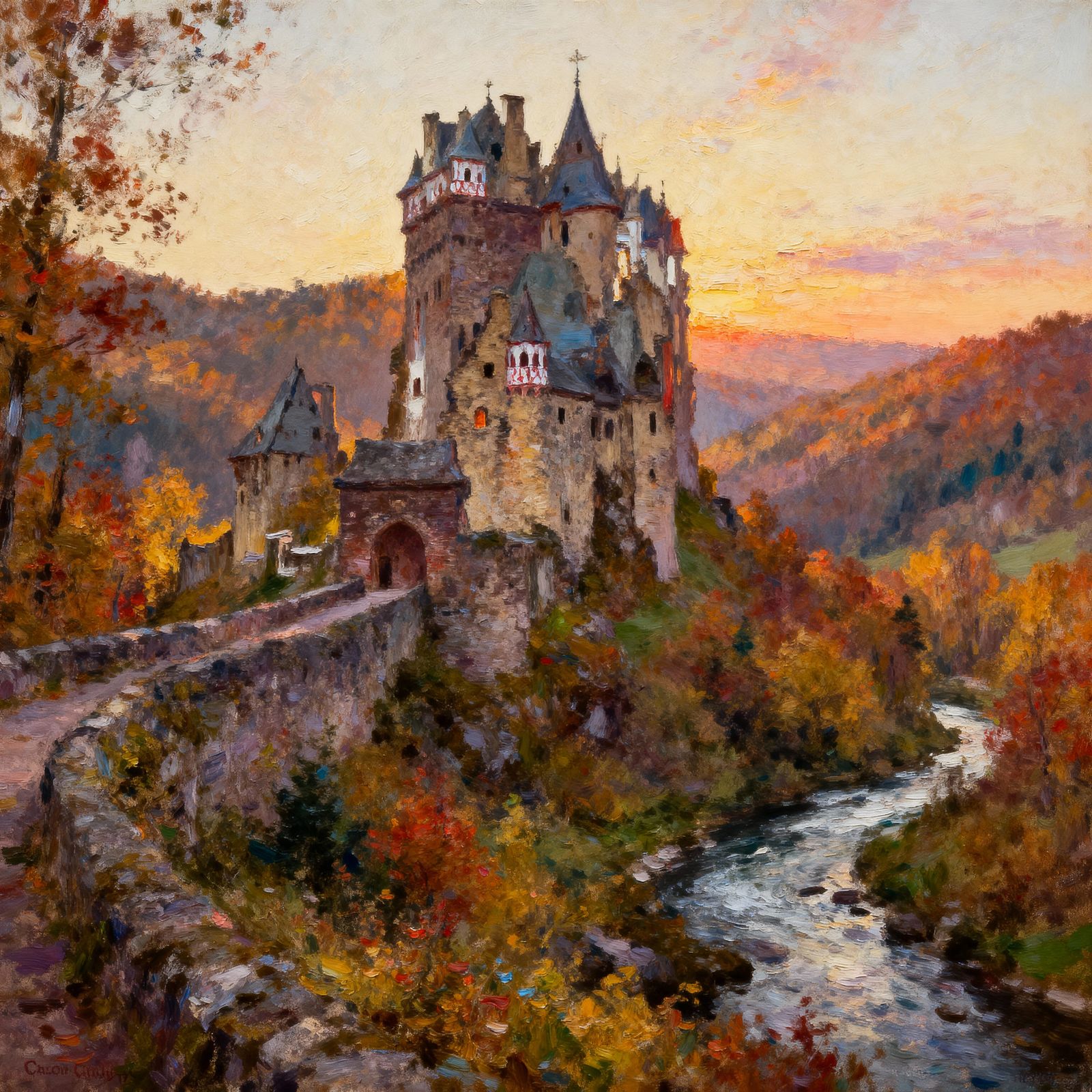 Castle Ruins in Autumn Forest at Sunset Oil Painting